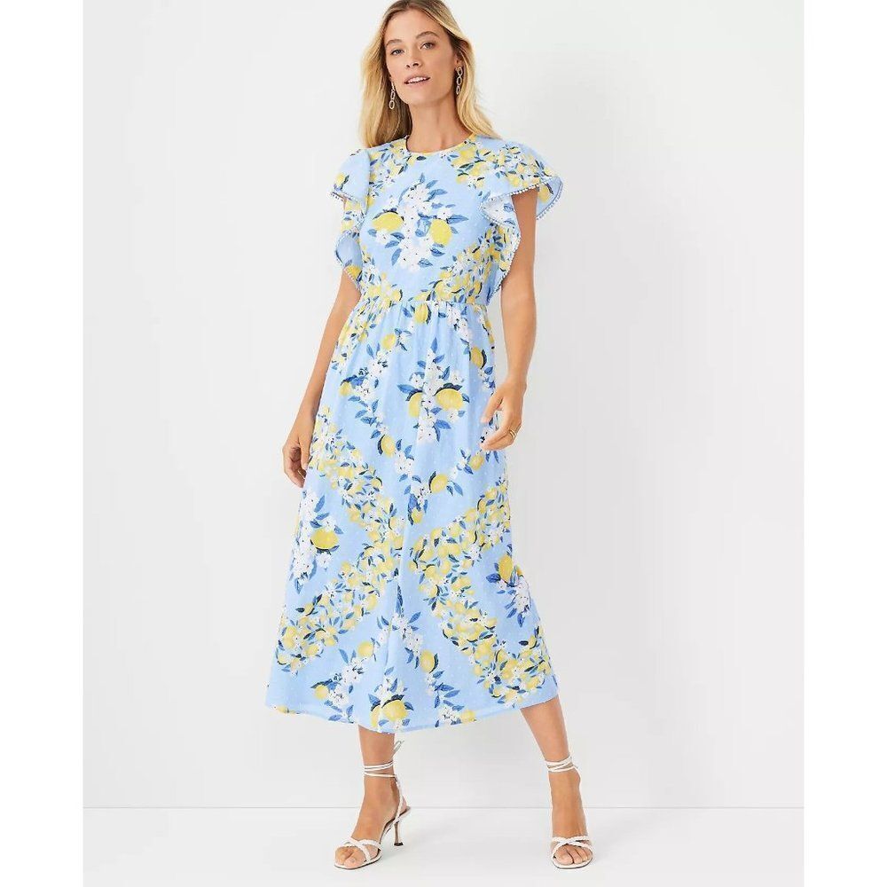 Ann Taylor petite ruffle sleeve Blue and Yellow Lemon Floral Dress